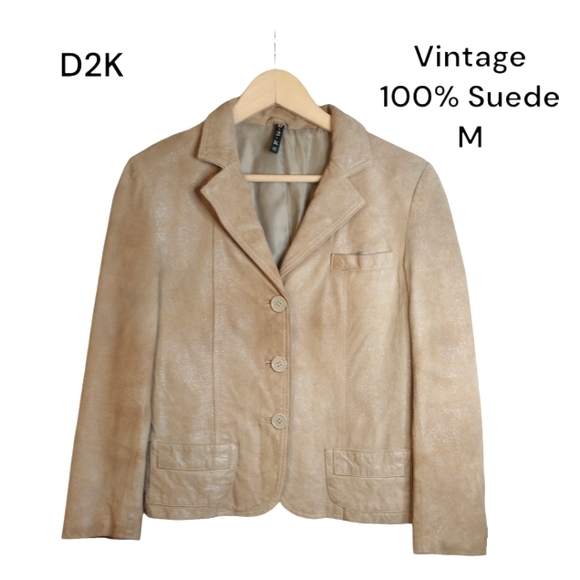 Vintage D2K 100% Suede Leather Tan Blazer Lined Jacket Shine Distress Factory M - Picture 1 of 12